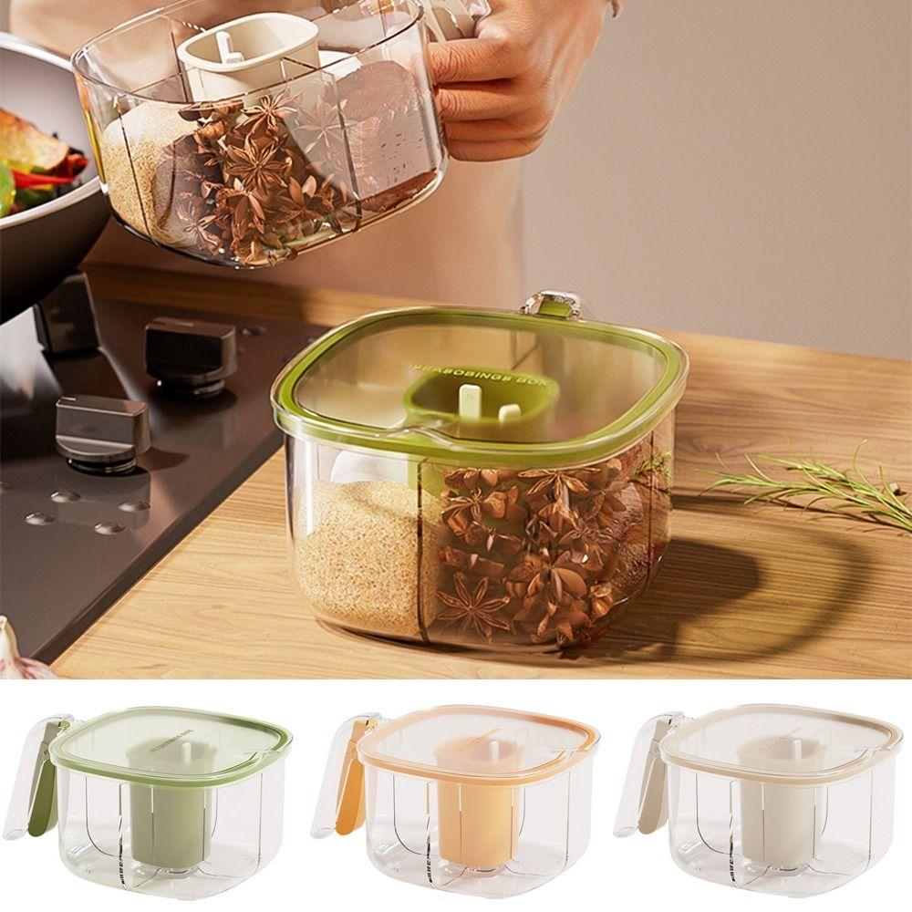 Plastic Four Grid Integrated Seasoning Box Transparent Moisture-Proof Press Type Seasoning Tank Sealed with Spoons
