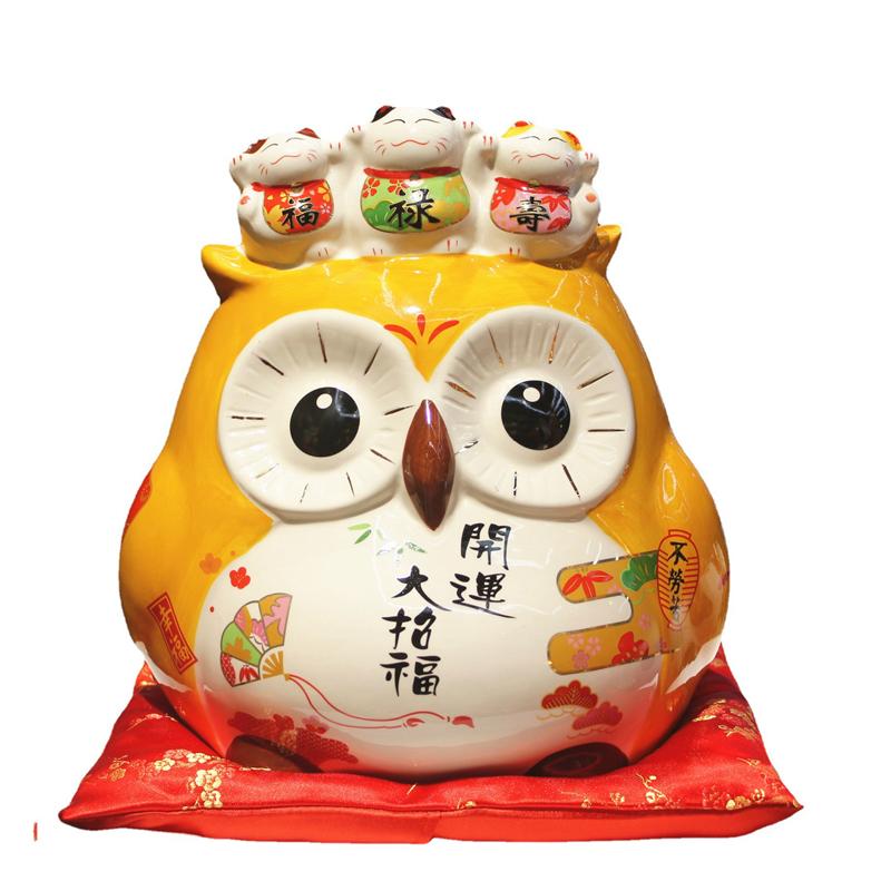 

9,4-дюймовая керамическая фигурка совы, украшение Манеки-неко, удачливая кошка, копилка, фарфоровая монетница, украшение ФЭН-ШУЙ