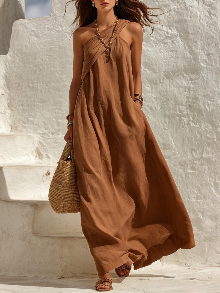 2026 Amazon Independent Station Popular Women's Clothing Casual Personality Slanted Shoulder Pleated Design Loose Solid Color Dress