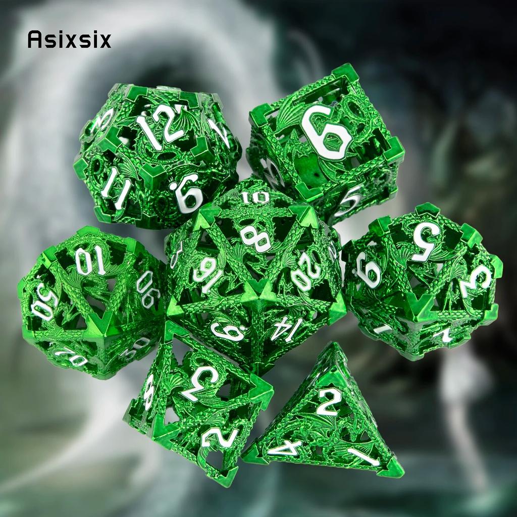 7 Pcs Green Flying Dragon Metal Dice Hollow Metal Polyhedral Dice Set Suitable for Role-Playing RPG  Board Game Card Game