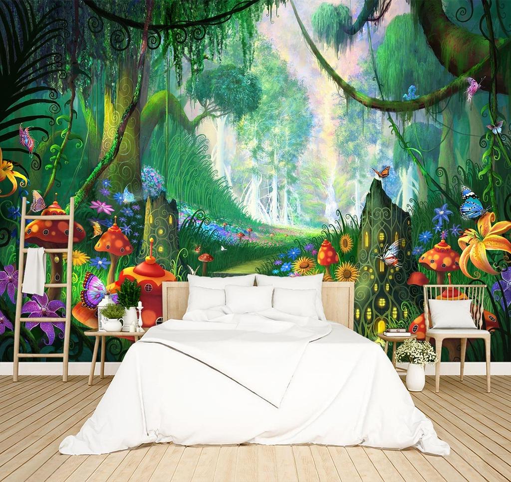 Fantasy Forest Tapestry, Dreamy Enchanted Wall Art with Glowing Bridge & Butterflies for Cozy Bedroom & Aesthetic Spaces