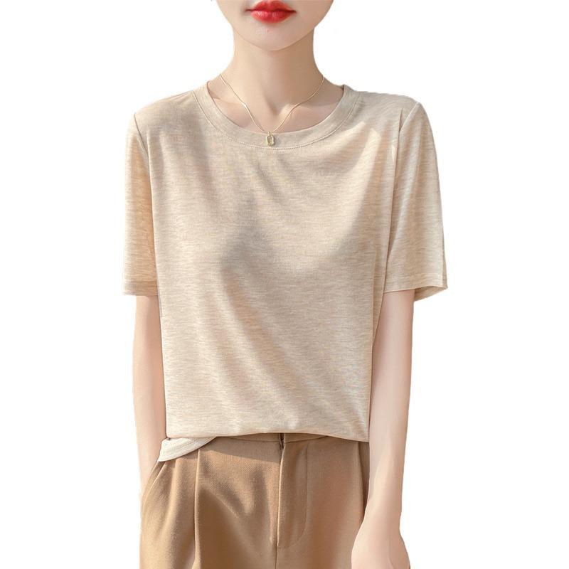 Damen Sommer Neu Lycra Stoff Rundhals Kurz Dünn Weich Hautfreundlich T-Shirt Kurzarm Vielseitige Oberteile