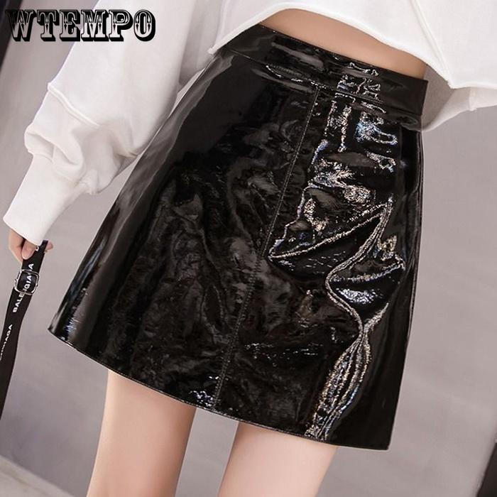 Women's Sexy Leather Skirt Glossy PU Leather Short Solid Zipper Mini Skirt Mid Waist A-line Pencil Skirts