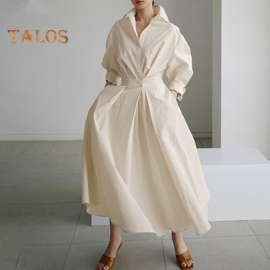 Dámské šaty s dlouhým rukávem na knoflíky, ležérní áčkové midi šaty, volného střihu, s klopovým límcem, dlouhé šaty do kanceláře, na večírky a na pláž