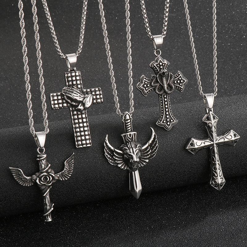 Flying Wings Pendant, Gothic Lion Head Rose Cross Wings Titanium Steel Men'S Pendant