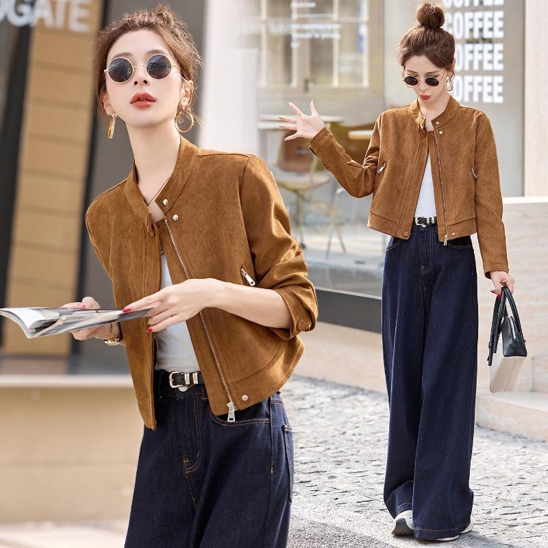 Stand-up collar short suede jacket women, autumn new retro casual versatile front shoulder jacket top