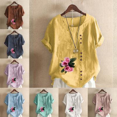 T-shirt à manches courtes et col rond pour femme, imprimé floral, décontracté, en coton et lin, motif graphique, pour loisirs, ample, été, grande taille
