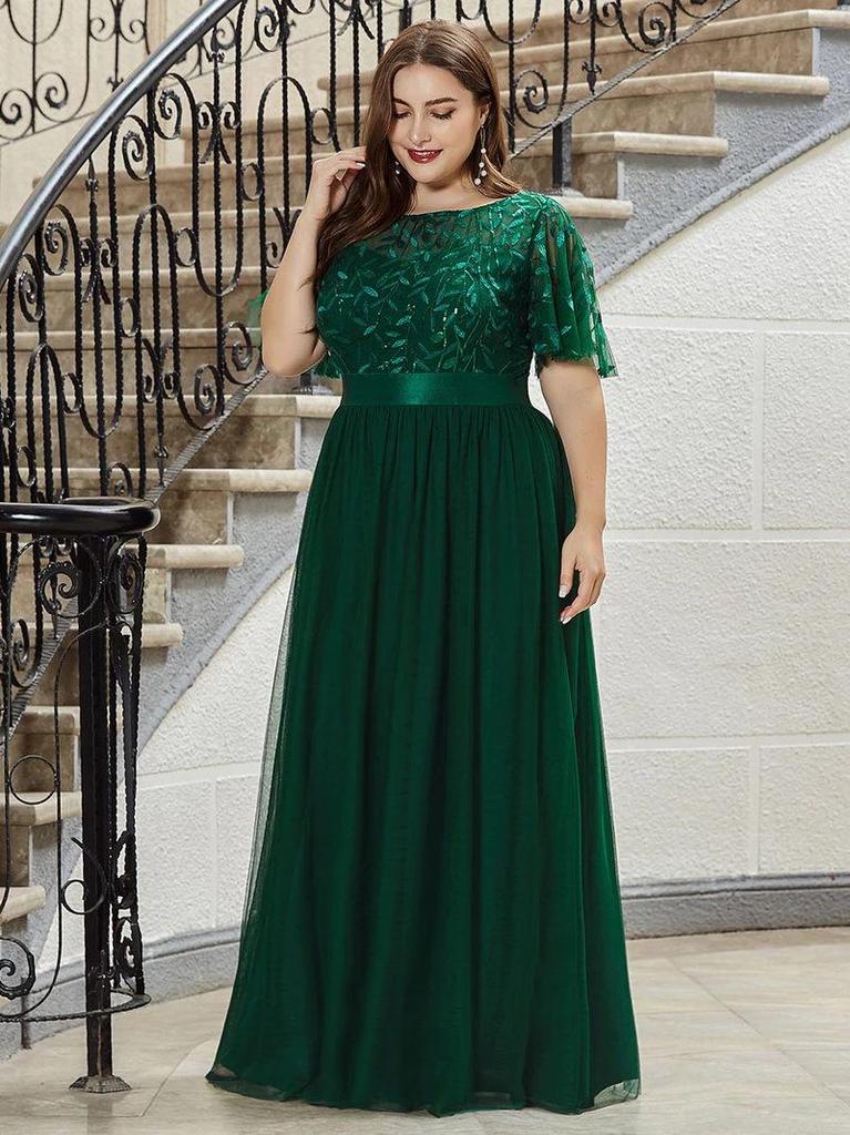 Elegant Plus Size Sequin Embroidered Evening Gown with Mesh Hem