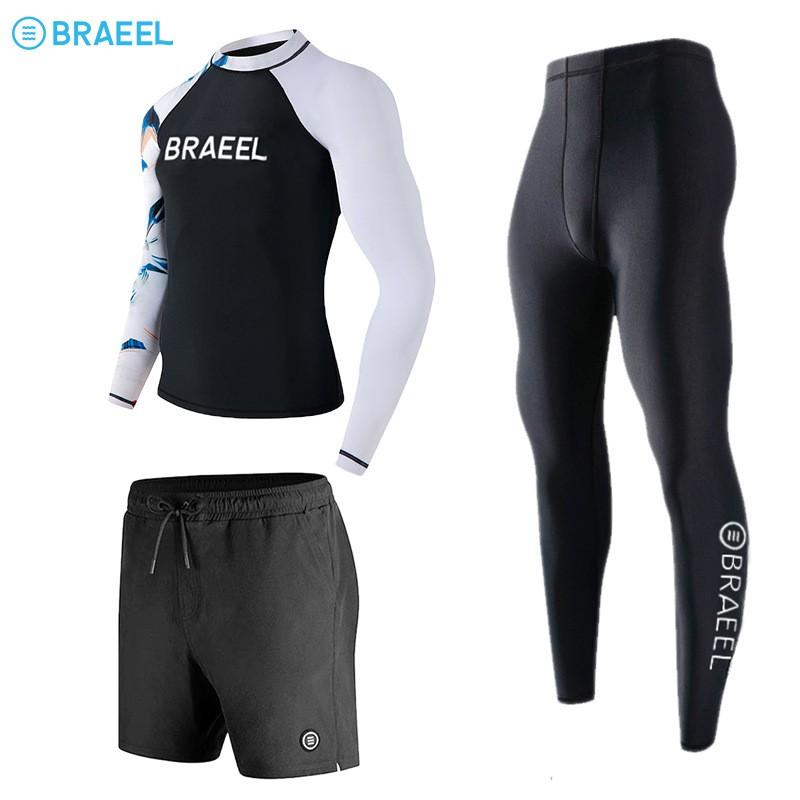 Mens UV Protection Rash Guard Set Long Sleeve Top Full Length Pants Surfing Diving Snorkeling Swimming