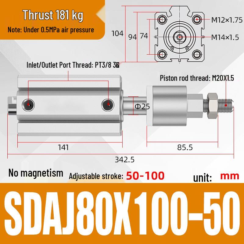 Adjustable Stroke Pneumatic Thin Cylinder - Piston Rod Sizes: 16/20/25/32/40/63