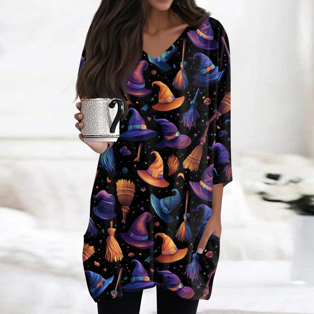Womens's Fashion Casual Halloween Print V-neck Mid Length Pocket 3/4 Sleeve Top
