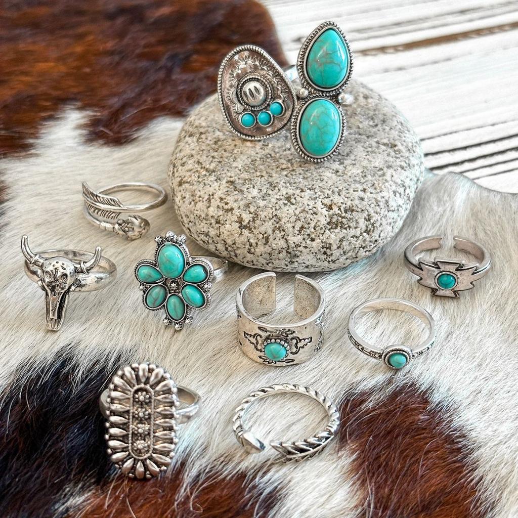 Wind Imitation Turquoise Ring Set, Creative Bull Head Flower Feather Multi-element Turquoise Ring 10-piece Set for Women