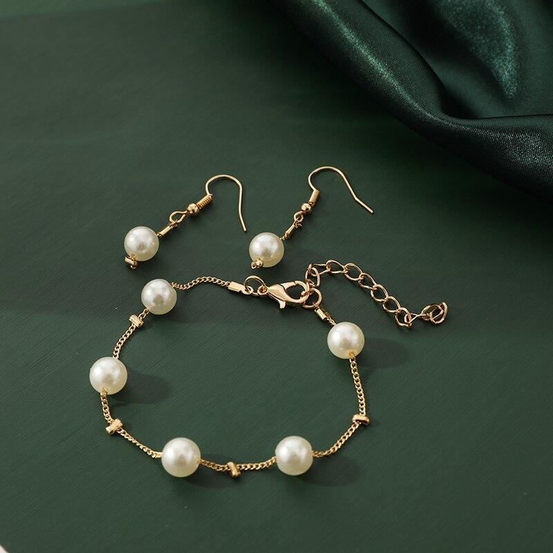 4pcs Gold-color Necklace Earring Bracelet Set Ladies Elegant Imitation-Pearls Collection Temperament Tassel Jewelry