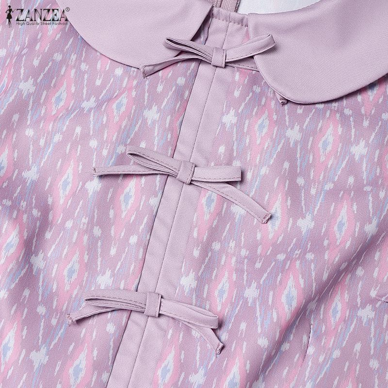 ZANZEA Women Summer Doll Collar Casual Short Sleeve Print Dress