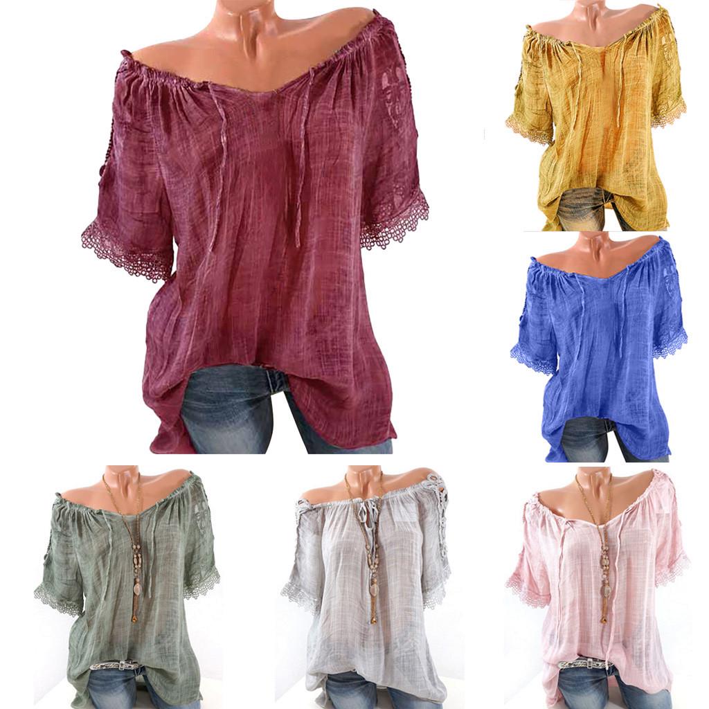 

Women Casual Cold Off Shoulder Lace Solid Neck Plue Size Tops Shirt Blouse