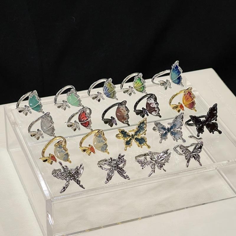 Butterfly Dripping Oil Open Ring, Personality, Niche Design, Cold Wind Ring, Stacked Index Finger Ring, Female