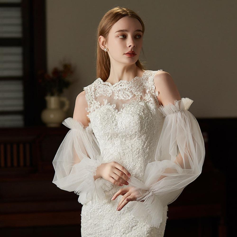 Soft Korean Style Bridal Arm Sleeves Solid Color Breathable Wedding Long Sleeves Elastic Gauze Pleated Lace Arm Covers Party