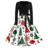 Women's Casual Vintage V-Neck Long Sleeve Dress with Christmas Print