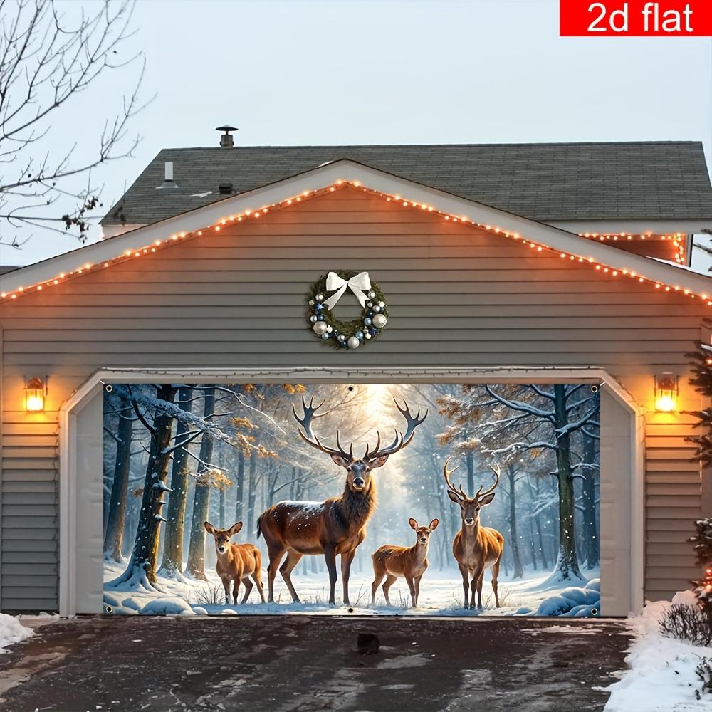 2D Flat 1 Christmas Garage Door Polyester Banner - Snow Forest Reindeer Scene, Suitable for Winter Holiday Party Decoration