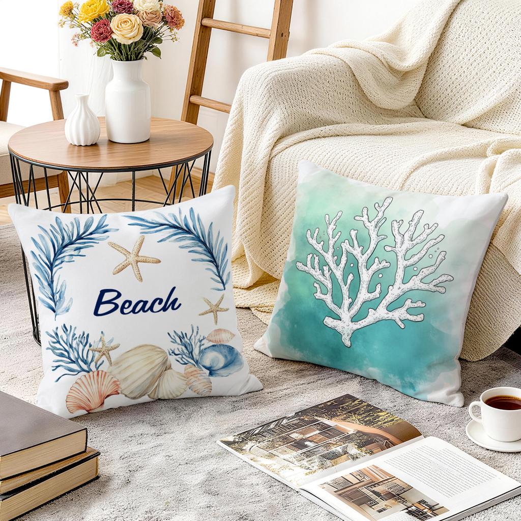 1/4pcs Watercolor Beach Illustration Cushions Pillowcase Polyester Cushion Cover Throw Pillow Pillowcover Home Car Sofa Decor