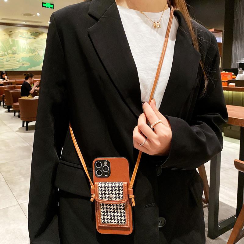 Applicable To Iphone13 Oblique Strap Insert Card Mobile Phone Case Plaid Change Card Bag Function Leather Case Protective Case XRXS