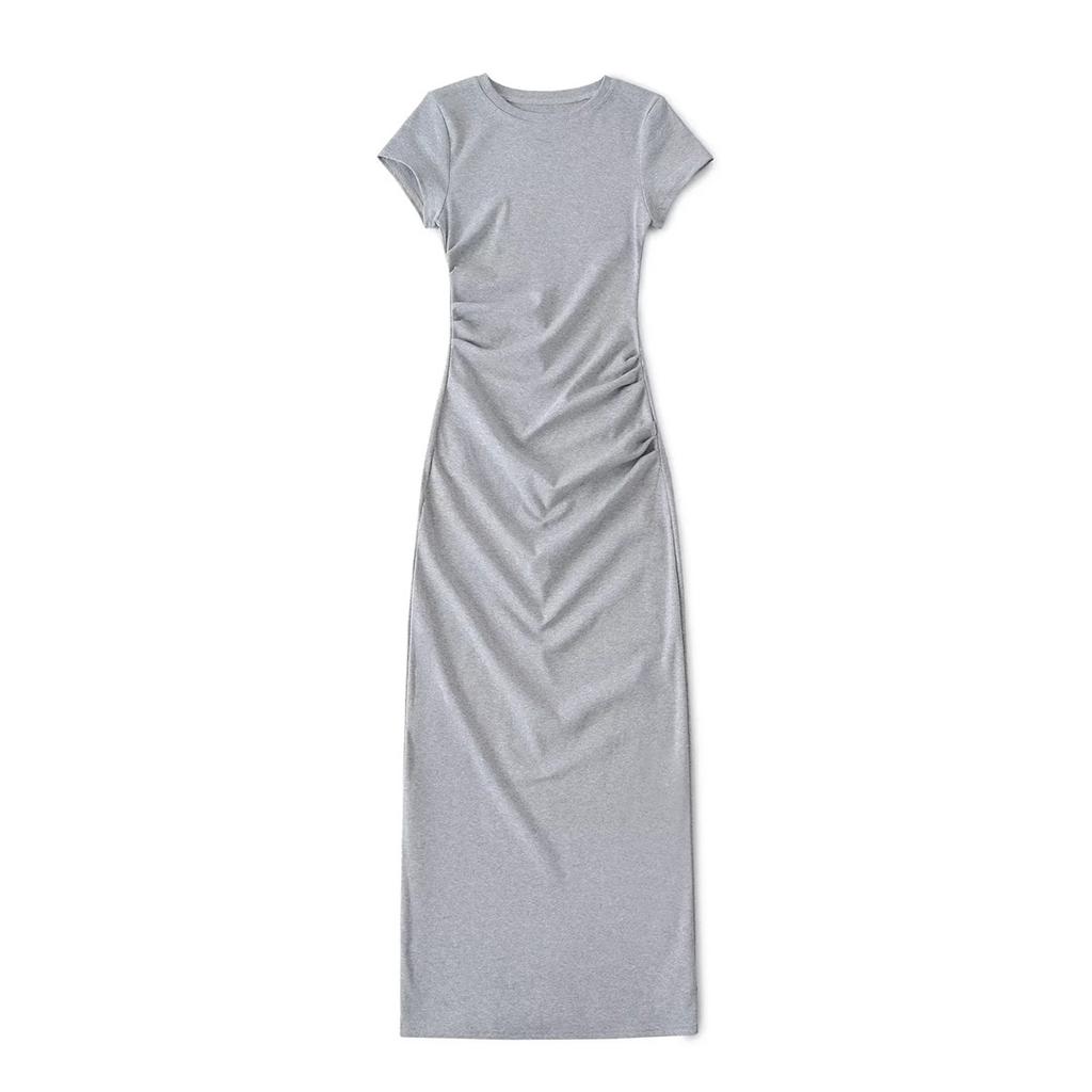 Wind Summer Round Neck Short-sleeved Dress Design Pleated Elastic Slim Sexy Hip-wrapped Knee Dress
