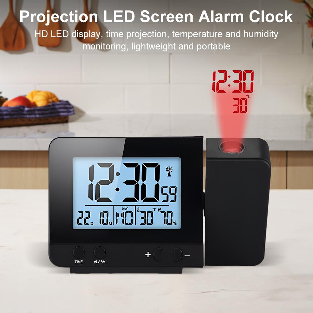 Projection Alarm Clock Digital Clock LED Display Temperature Humidity Monitor 180° Rotatable Projector 5mins Snooze for Bedroom