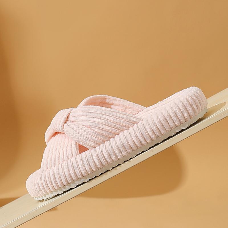 Fashion Indoor Corduroy Slippers for Women Fashion Cross Strap Cotton Slippers Woman Non Slip Platform House Cotton Slides Femle