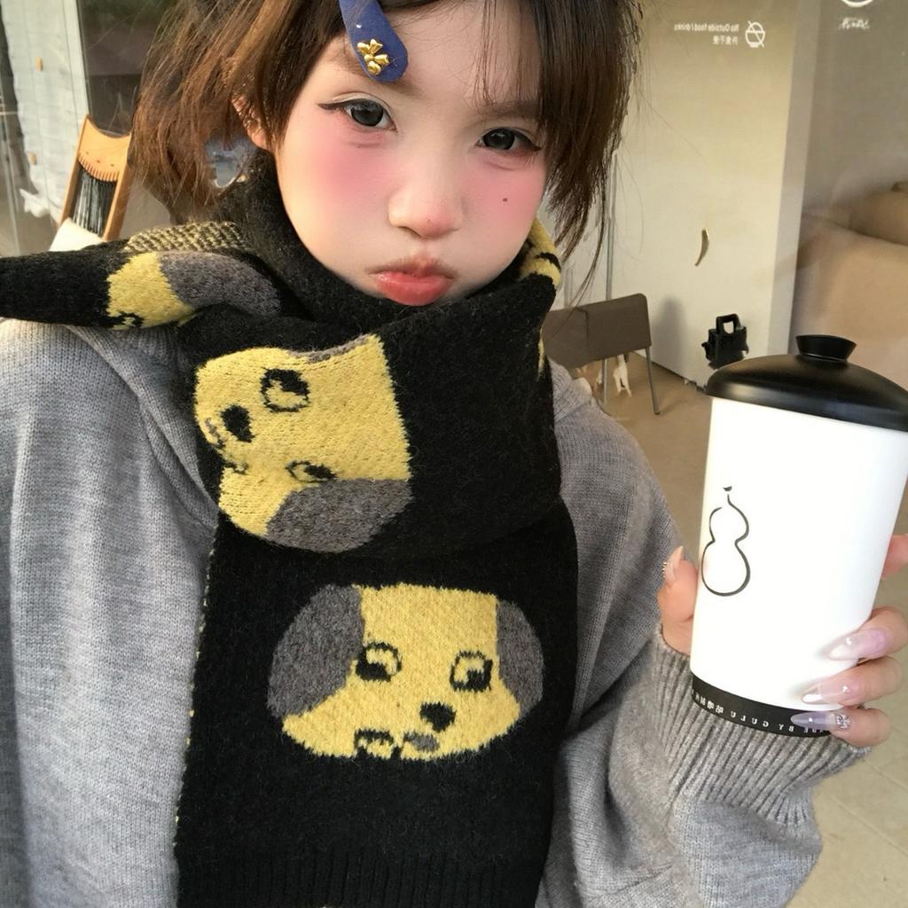 Korean Cute Cartoon Puppy Knitted Scarf Women's Autumn and Winter New Thickened Warm Versatile Neck Protection Couple Scarf