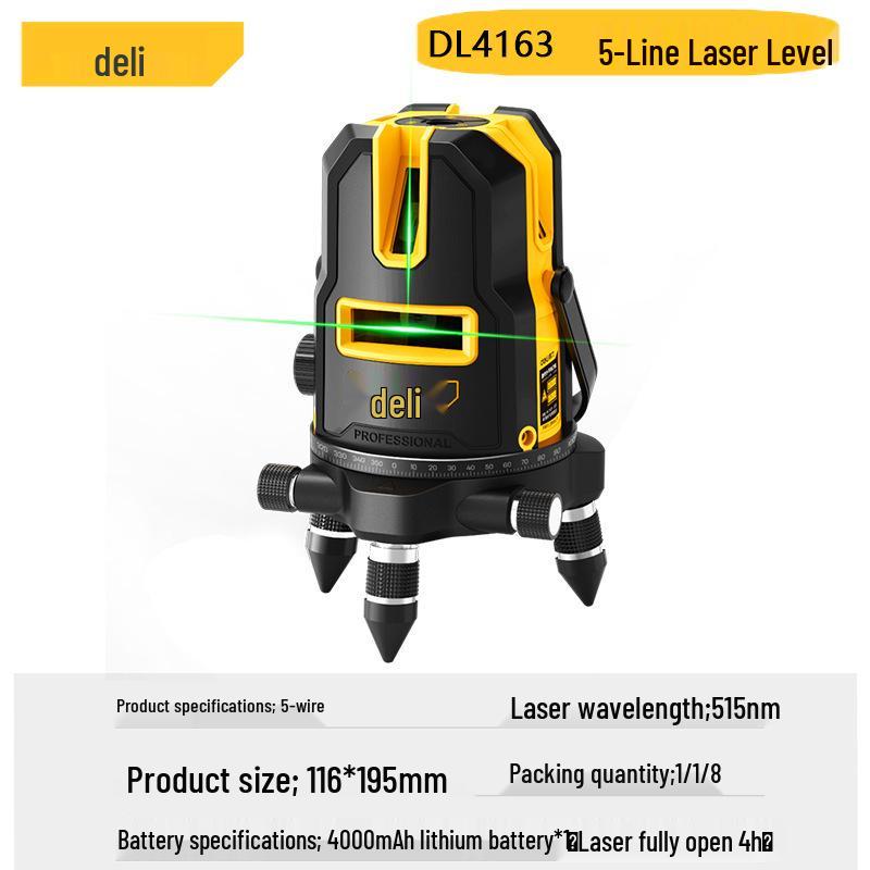 Deli Tools DL4161 High-Precision Indoor Green Laser Level with 2/3/5-Line Options