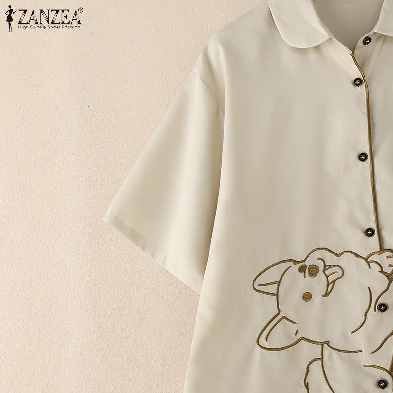 ZANZEA Women Casual Turn Down Collar Loose Short Sleeve Irregular Blouse