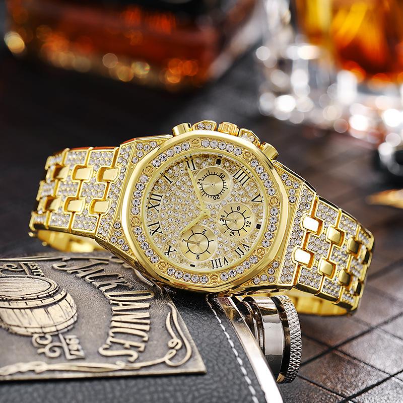 Luxury Men Gold Watches Fashion Three-eye Full Diamond Roman Pattern Stainless Steel Hip Hop Casual Quartz Wristwatch Male Clock