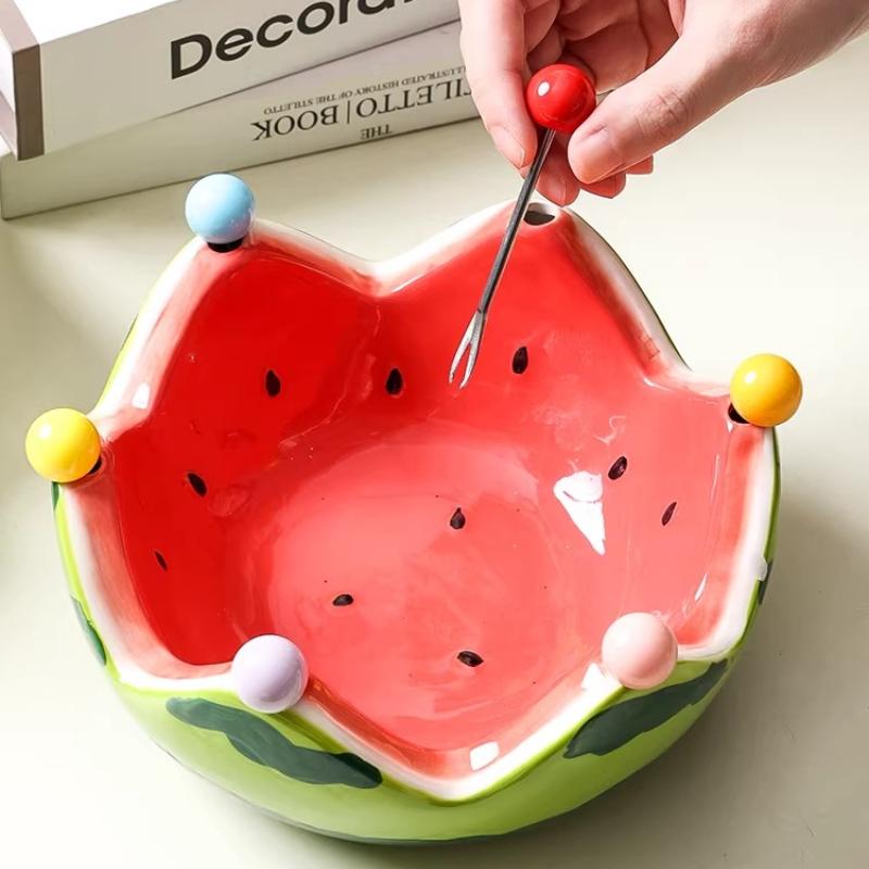 Creative Ceramic Watermelon Fruit Bowl with Fork for Home Living Room Fruit Plate Salad Bowl Cute Stainless Steel Fork