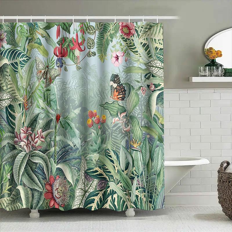 Botanical Shower Curtain Tropical Rainforest Leaves Plants Nature Scenic Backdrop Bathroom Decor Modern Farmhouse Style Waterpro