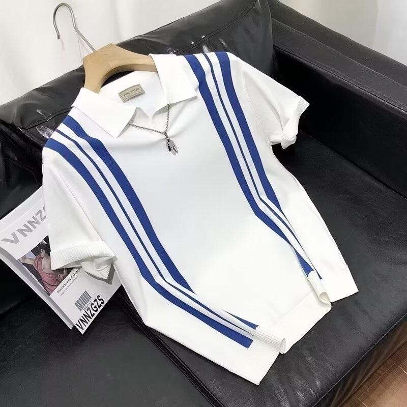 

Men s Striped Polo Shirt Short Sleeve Casual Breathable Ice Silk Knit T-Shirt For Daily Wear XXXL білий