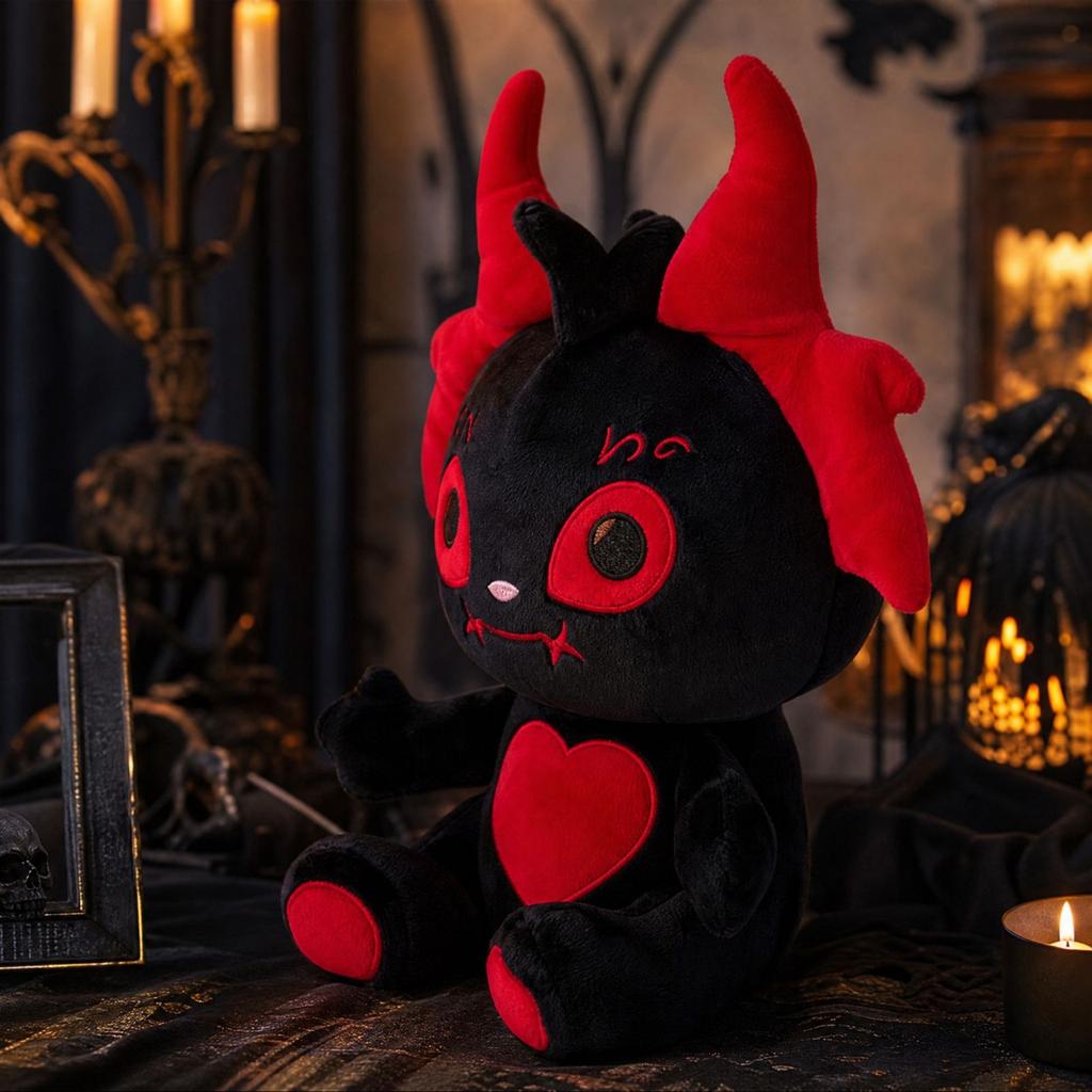 Gothic Devil Plush Doll Halloween Decor - Black Stuffed Animal Toy with Red Horns and Heart, Plush Gift