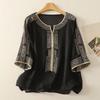 Summer Retro Blouse Linen Women's T-shirt Loose Pullover Tee O-Neck Thin Shirt Three-quarter Sleeves