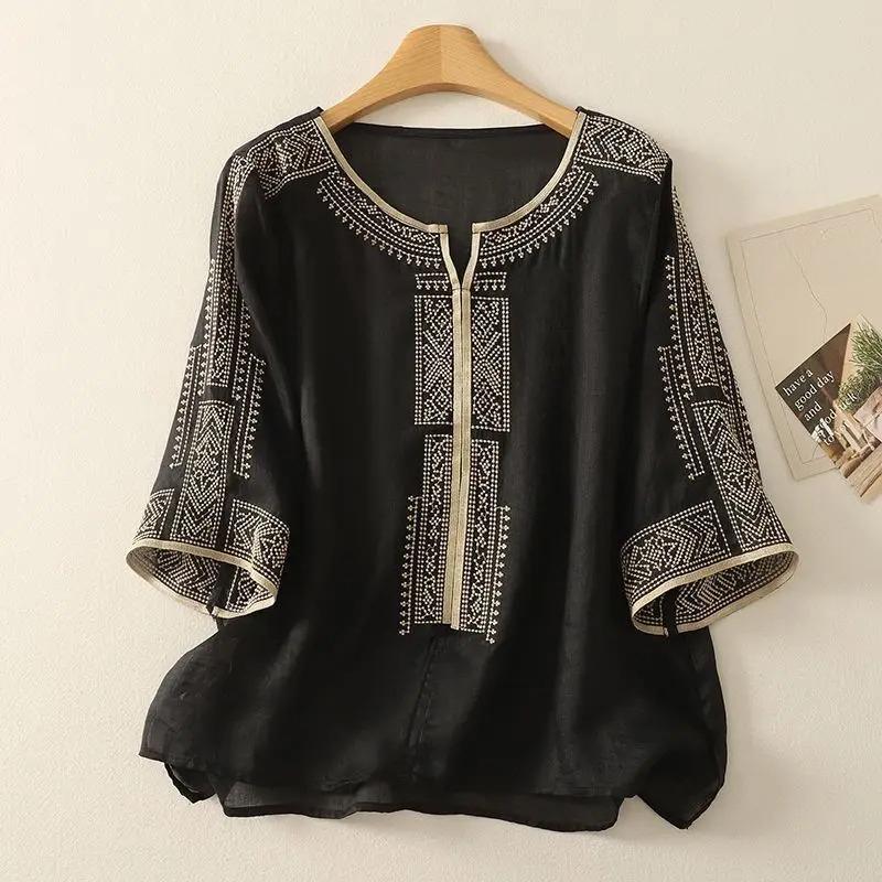 Summer Retro Blouse Linen Women's T-shirt Loose Pullover Tee O-Neck Thin Shirt Three-quarter Sleeves