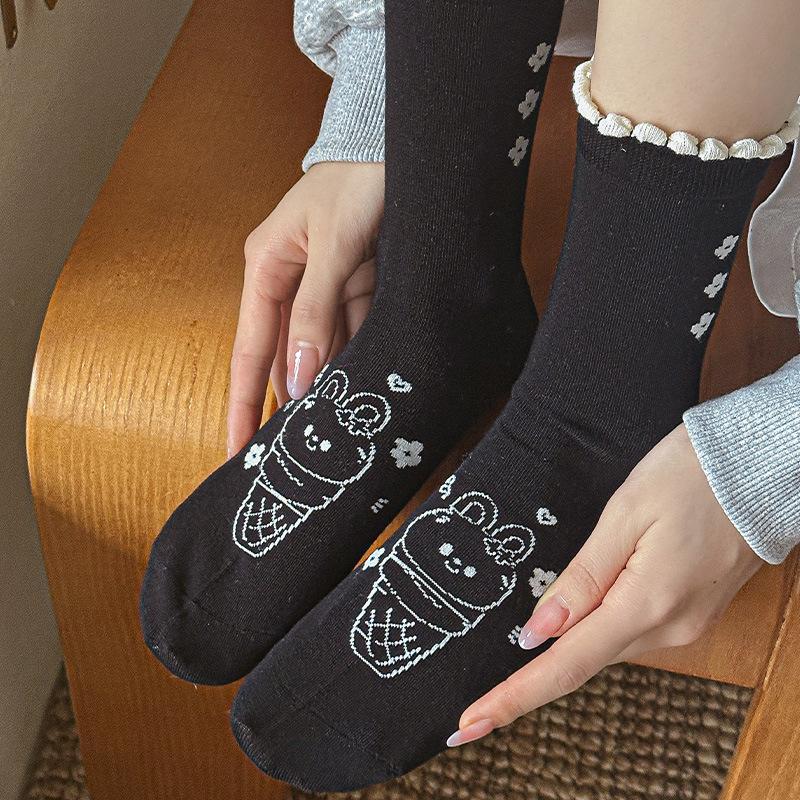 Socks Three-Flower Cartoon Rabbit Socks Korean Gray Lace Pile Stocking Socks
