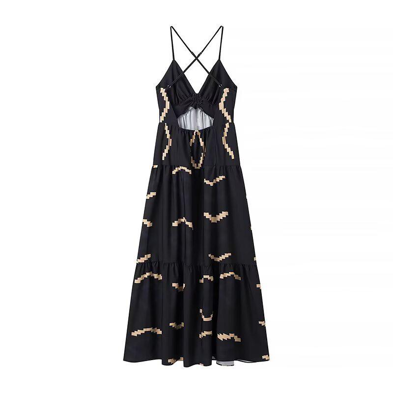 Printed Backless Sleeveless Vent Summer Dress Sexy V-neck High Waisted Sling Women's Dresses