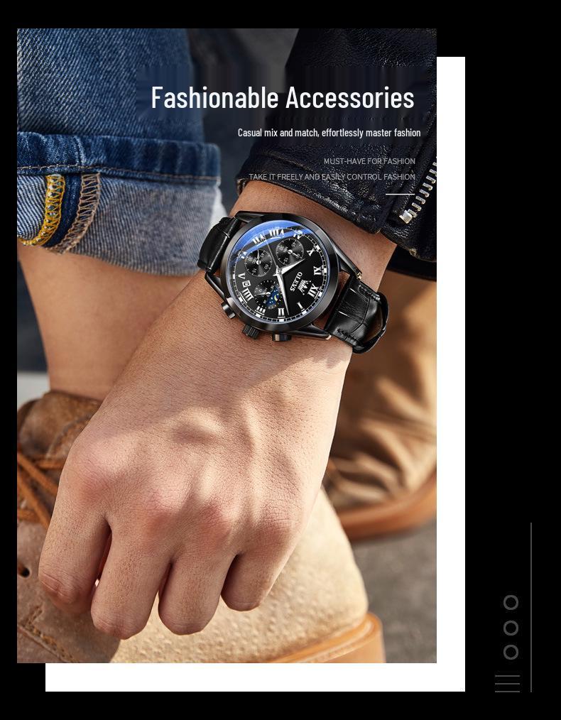 Oulishi Men's Waterproof Luminous Chronograph Quartz Watch with Three-Eye, Six-Hand Design.