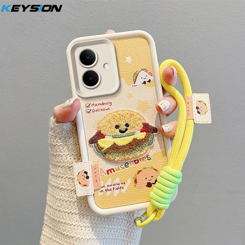 KEYSION Cartoon Cute Plush Embroidery Case for TECNO Spark Go 2 with Lanyard Silicone Shockproof Phone Cover for Tecno Pop 10