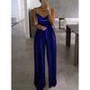 Tuta Elegante da Donna con Spalline di Perle e Paillettes Gamba Larga Scollo a V Senza Maniche per Feste