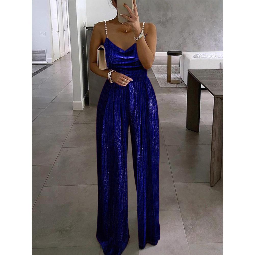 Tuta Elegante da Donna con Spalline di Perle e Paillettes Gamba Larga Scollo a V Senza Maniche per Feste