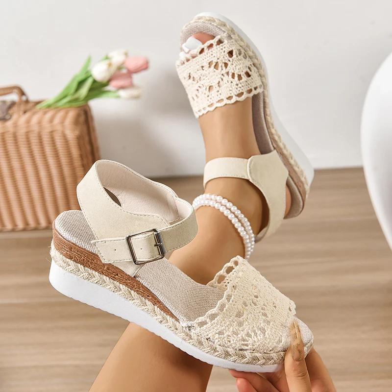 Fashion Hollow Espadrilles Wedge Sandals for Women Summer 2025 Peep Toe Ankle Strap Platform Sandals Woman Thick Sole Casual Beach Shoes