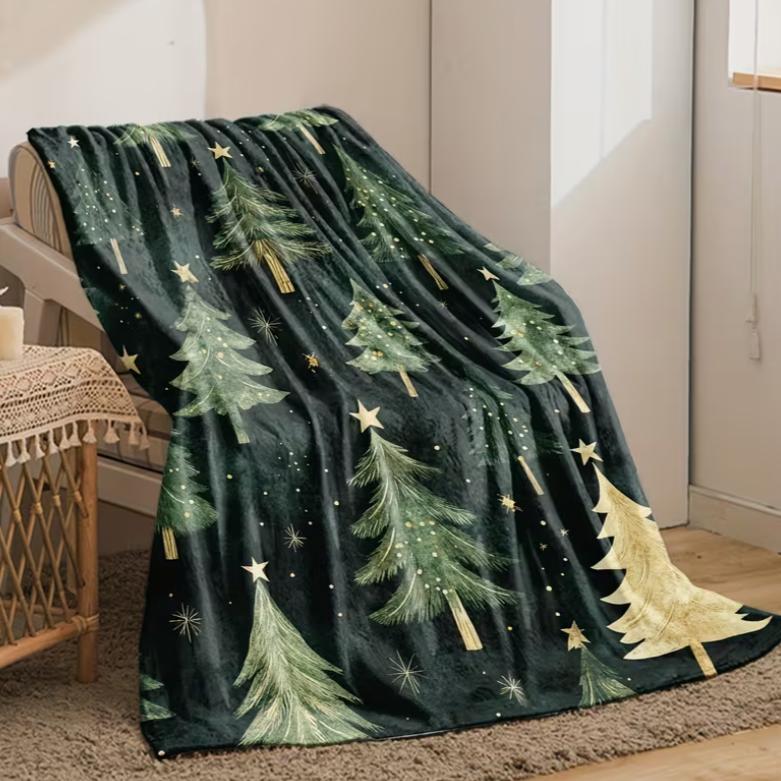 1pc Flannel Blanket Green Christmas Tree, Soft and Warm Sofa Bed Office Blanket, Nap Blanket, Halloween and Christmas Gift