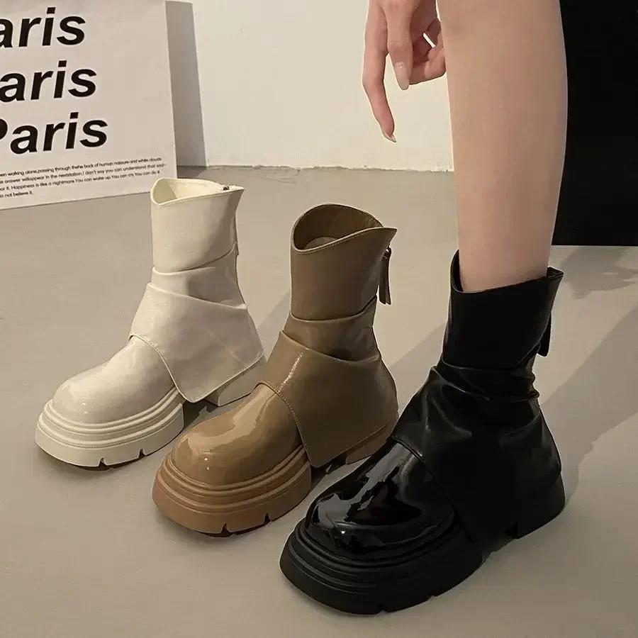 Women Soft Leather Chelsea Boots Woman Winter Ankle Boots Square Toe Flats Platform Shoes Fashion Ladies Short Pants Botas Goth