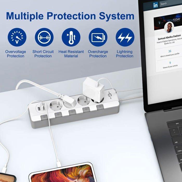 Multiprise - keplug - 4 prises + 3 ports usb - protection surcharge - sécurité enfants - 2m