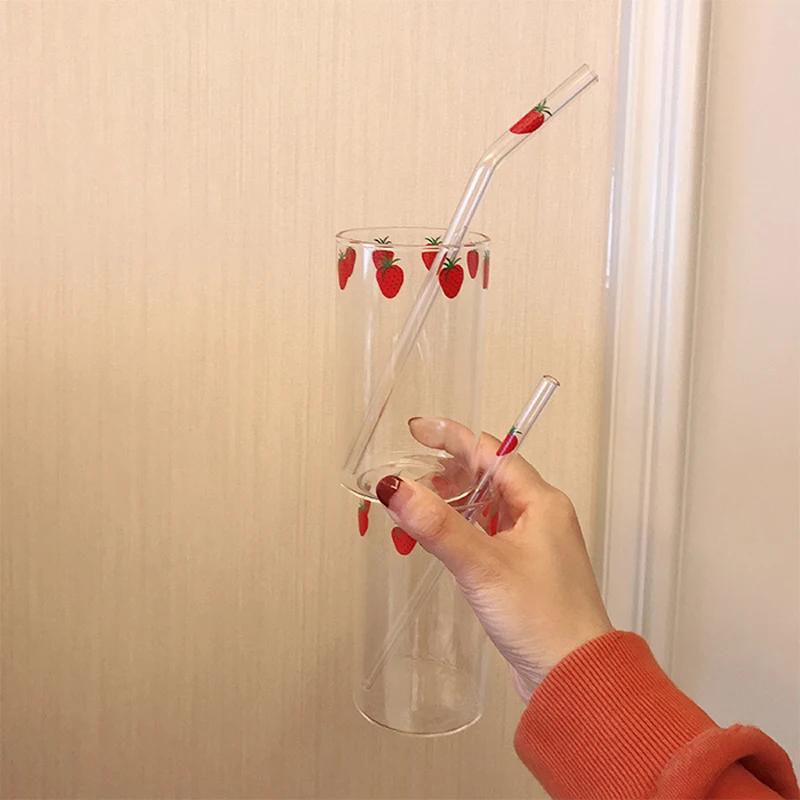 300ML Ins Kawaii Style Mugs Strawberry Glasses Coffee Milk Water Glass Cups with Straws Clear Cute Juice Gifts for Girl Lady Set