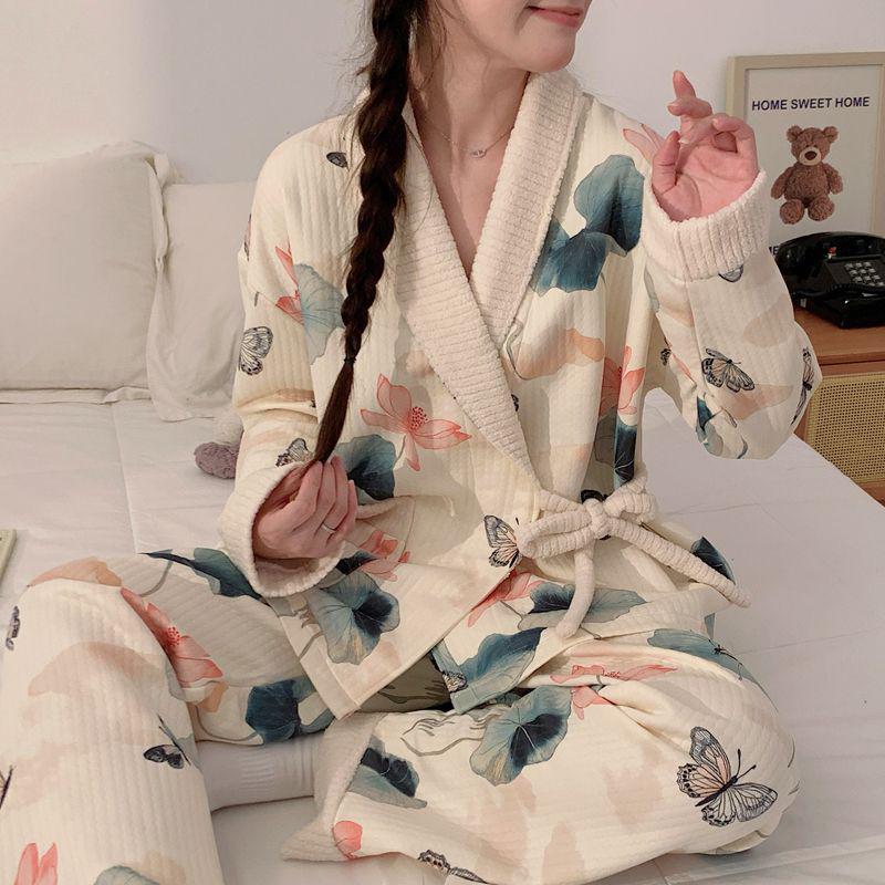 Plus Size Maternity Kimono Pajamas - Autumn/Winter Cotton for Postpartum & Breastfeeding